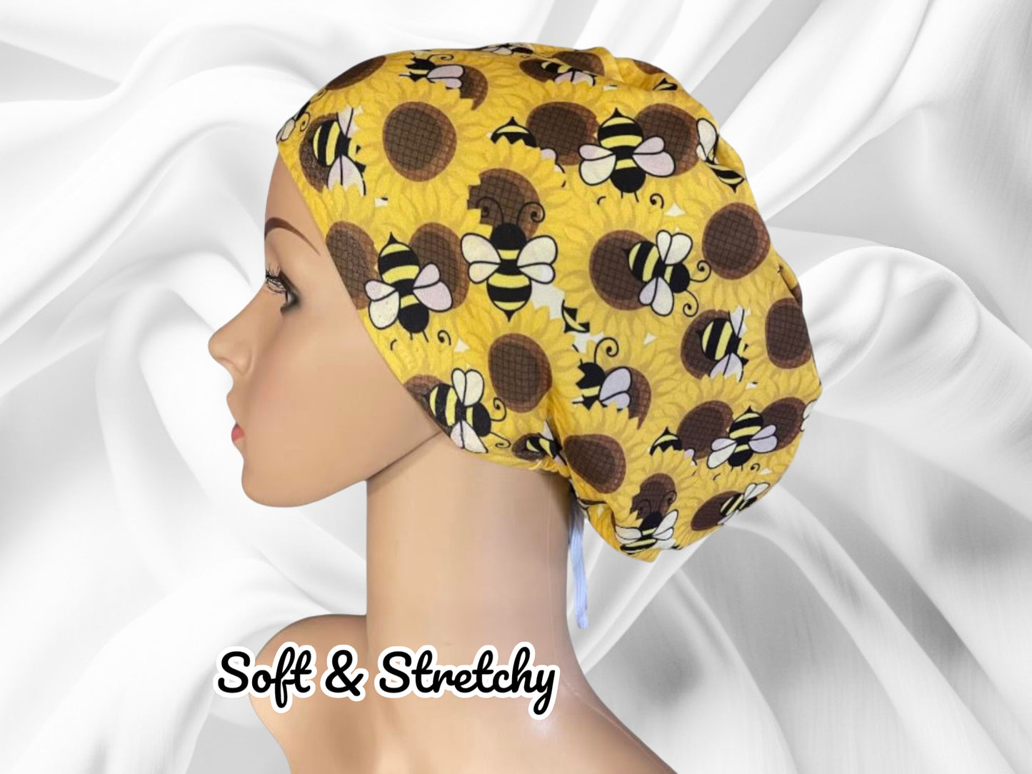 Bumble Bee and Sunflower Pattern ∙ Scrub Cap Soft & Stretchy ∙ Euro or Unisex style hat ∙ Satin lined option ∙ Adjustable Nurse Cap
