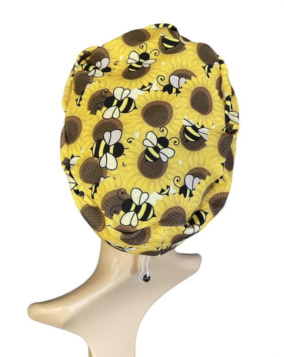 Bumble Bee and Sunflower Pattern ∙ Scrub Cap Soft & Stretchy ∙ Euro or Unisex style hat ∙ Satin lined option ∙ Adjustable Nurse Cap