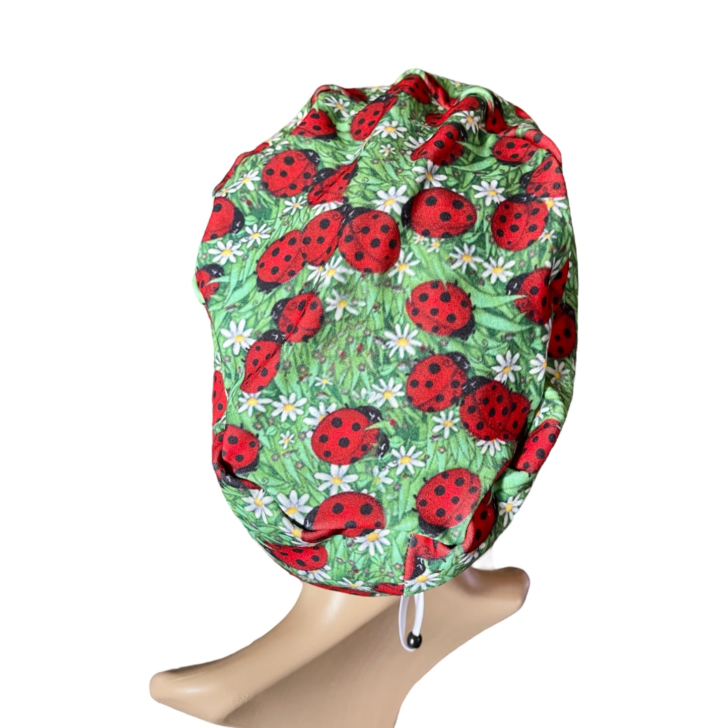 Ladybugs and Chamomile Meadow Pattern ∙ Scrub Cap Soft & Stretchy ∙ Euro or Unisex style hat ∙ Satin lined option ∙ Adjustable Nurse Cap