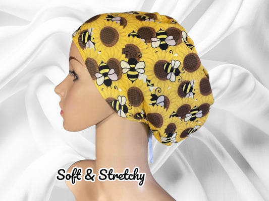 Bumble Bee and Sunflower Pattern  ∙ Scrub Cap Soft & Stretchy ∙ Euro or Unisex style hat ∙ Satin lined option ∙ Adjustable Nurse Cap